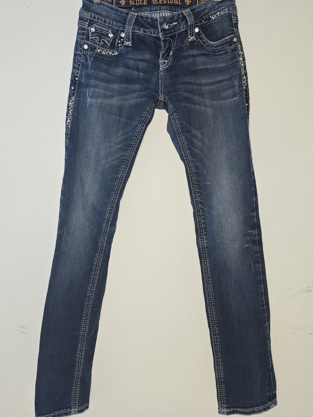 Rock Revival Aisha Y2K Distressed, Low Rise, Rhinestone, Straight Jeans, Size 26
